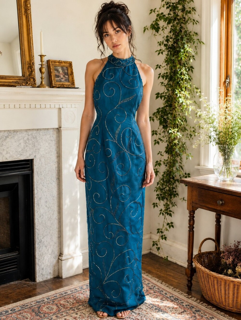 Vintage Y2K Blue Beaded Halter Evening Dress Sz M Backless Maxi Party Pageant